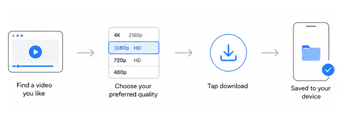 VidMedia HD downloads infographic showing quality selection workflow for offline video viewing