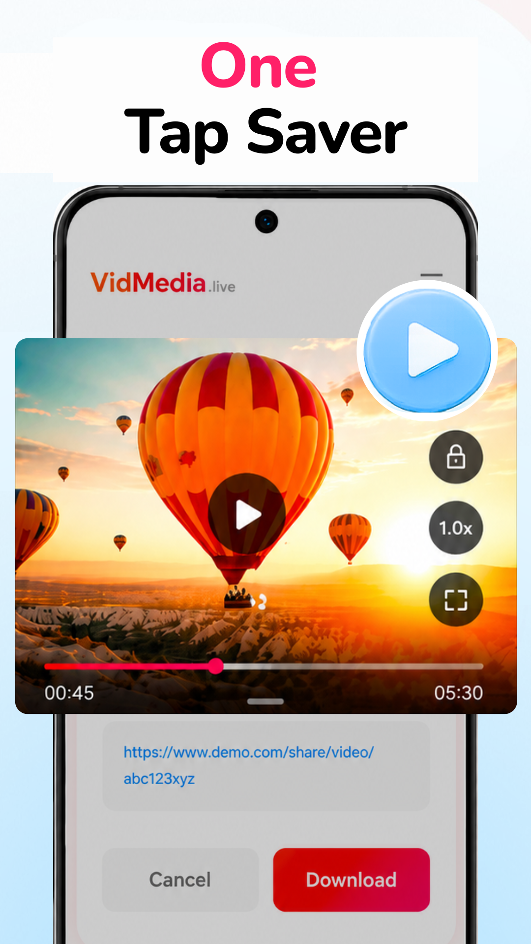 VidMedia one tap link detection screen on Android showing detected video link ready for download