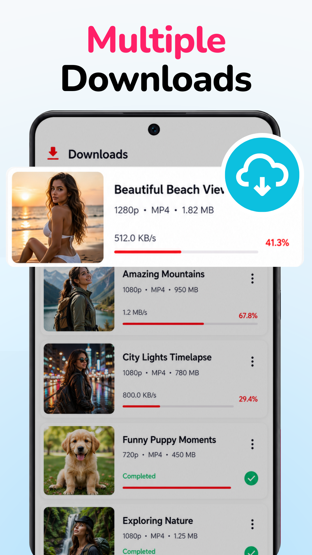 VidMedia download manager screen on Android showing active and completed video downloads